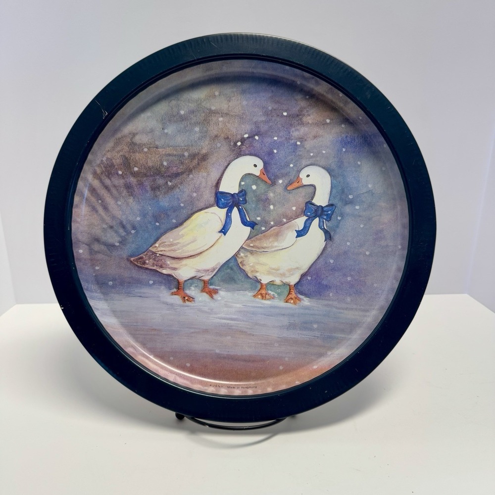 Vintage Winter Snow Geese Tin Platter Tray 13" Blue Ribbon Duck Bows 90s Kitchen